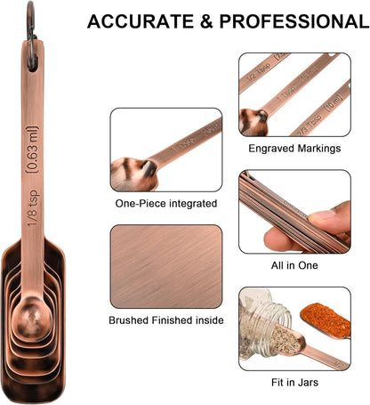 Copper Measuring Cups and Spoons Set, Stainless Steel Measuring Cups and Spoons Set 12, Metal Measuring Cups Set, 5 Measuring Cup Set and 6 Copper Measuring Spoons &Leveler for Kitchen