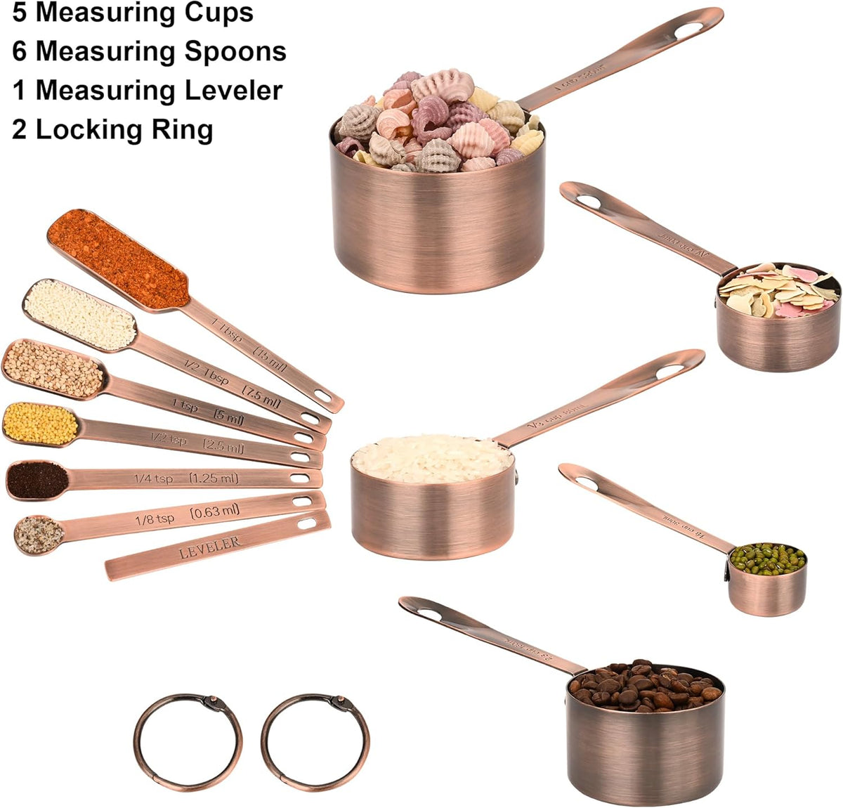 Copper Measuring Cups and Spoons Set, Stainless Steel Measuring Cups and Spoons Set 12, Metal Measuring Cups Set, 5 Measuring Cup Set and 6 Copper Measuring Spoons &Leveler for Kitchen
