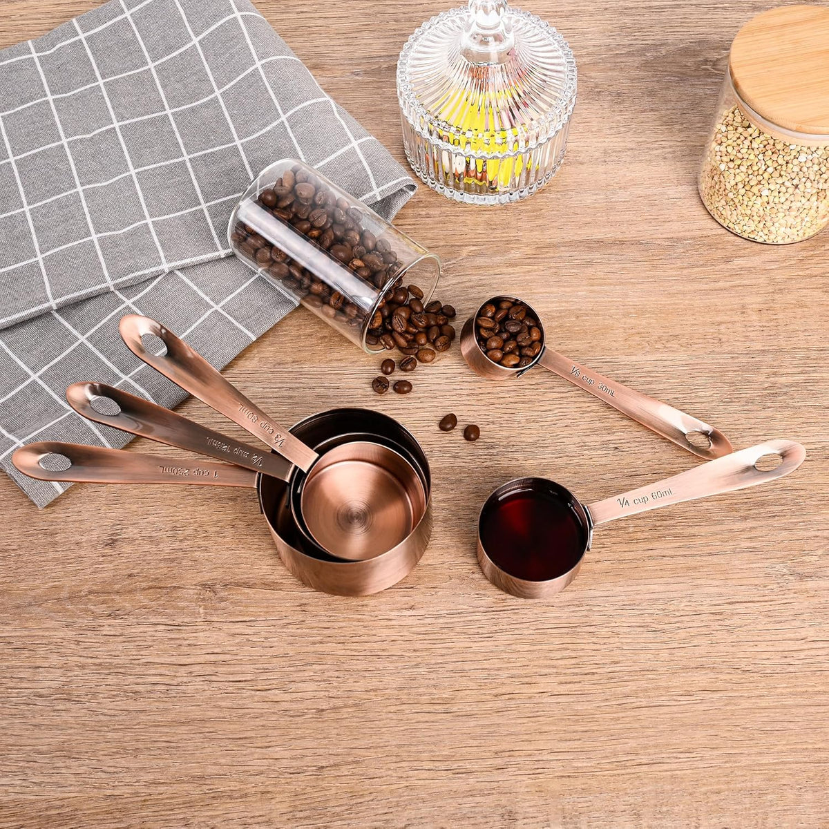 Copper Measuring Cups and Spoons Set, Stainless Steel Measuring Cups and Spoons Set 12, Metal Measuring Cups Set, 5 Measuring Cup Set and 6 Copper Measuring Spoons &Leveler for Kitchen