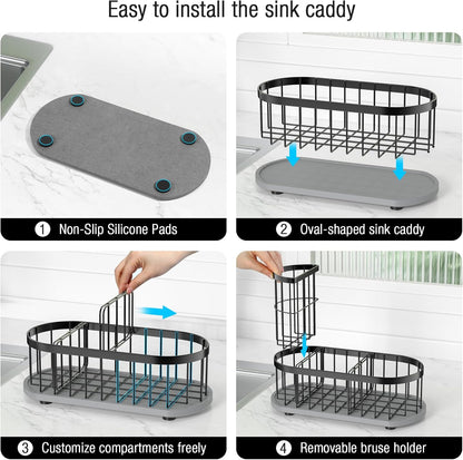 Sponge Holder for Kitchen Sink with High Brush Holder, [Stay-Dry Anywhere & No Drainage Needed] Rustproof Stainless Steel Kitchen Sink Caddy Organizer with Water Absorbing Stone Tray, Black