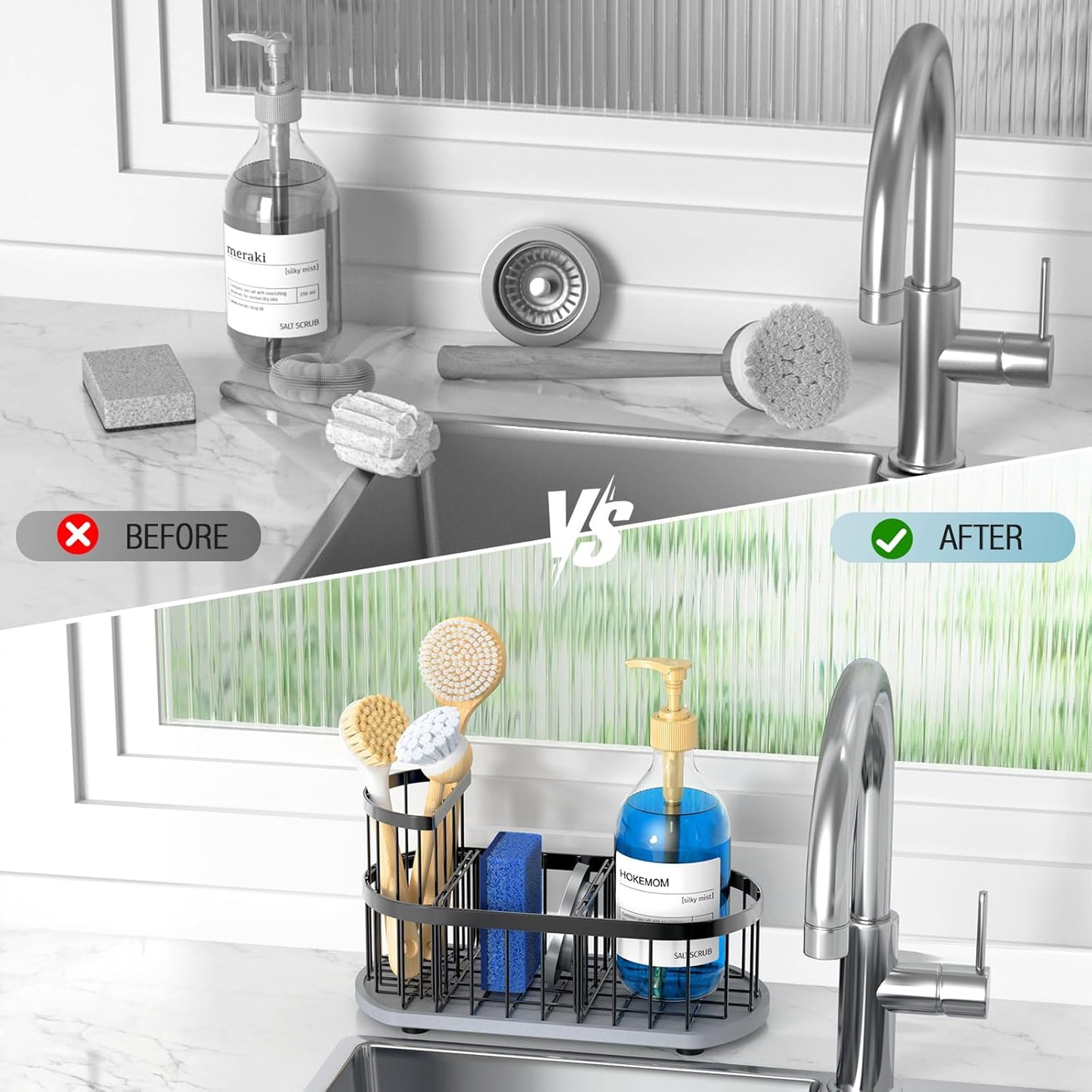 Sponge Holder for Kitchen Sink with High Brush Holder, [Stay-Dry Anywhere & No Drainage Needed] Rustproof Stainless Steel Kitchen Sink Caddy Organizer with Water Absorbing Stone Tray, Black