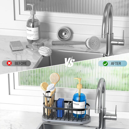 Sponge Holder for Kitchen Sink with High Brush Holder, [Stay-Dry Anywhere & No Drainage Needed] Rustproof Stainless Steel Kitchen Sink Caddy Organizer with Water Absorbing Stone Tray, Black