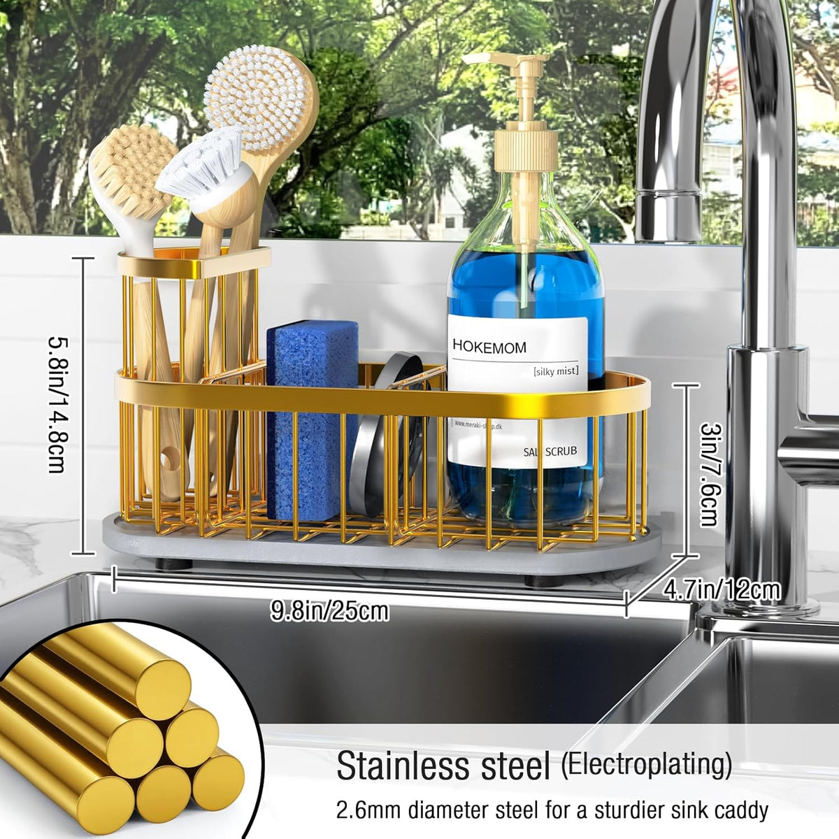Sponge Holder for Kitchen Sink with High Brush Holder, [Stay-Dry Anywhere & No Drainage Needed] Rustproof Stainless Steel Kitchen Sink Caddy Organizer with Water Absorbing Stone Tray, Black