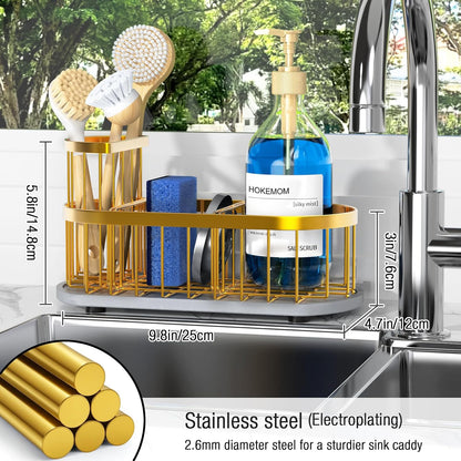 Sponge Holder for Kitchen Sink with High Brush Holder, [Stay-Dry Anywhere & No Drainage Needed] Rustproof Stainless Steel Kitchen Sink Caddy Organizer with Water Absorbing Stone Tray, Black