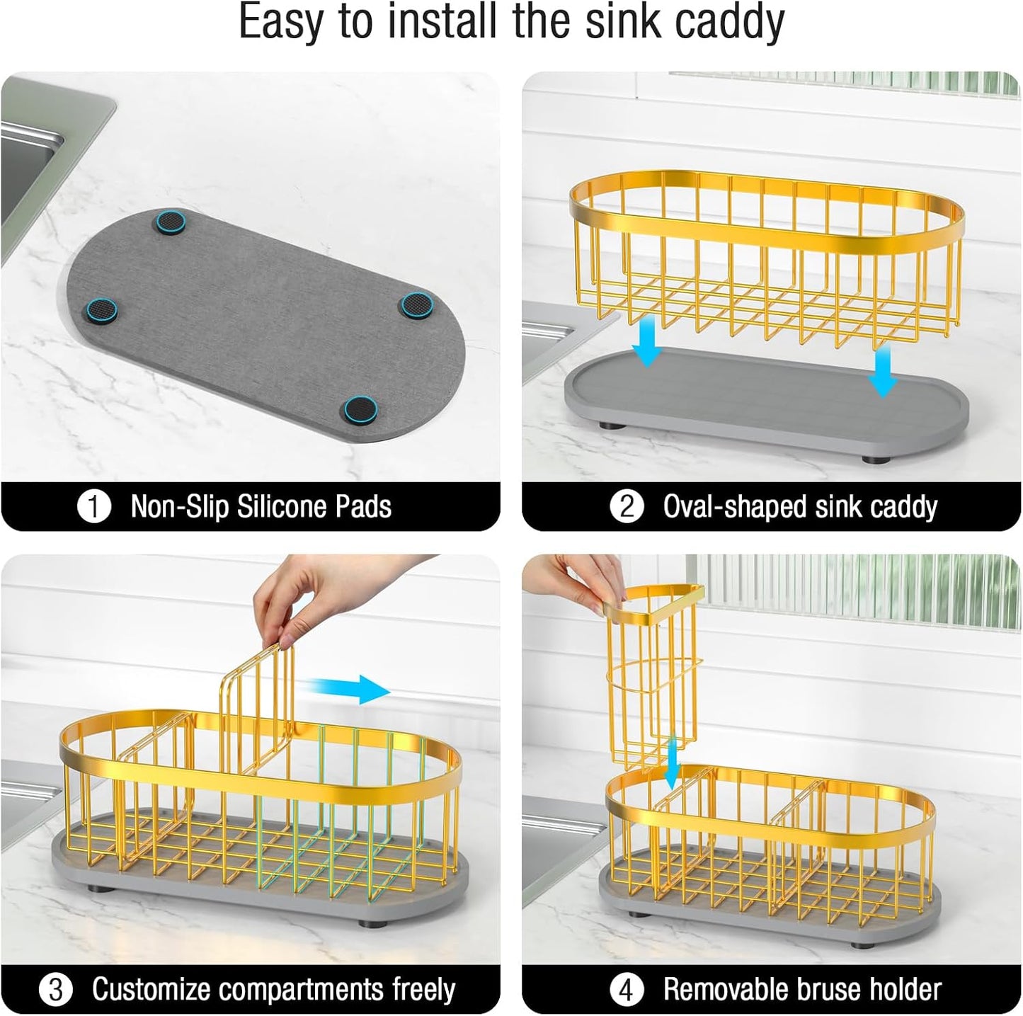 Sponge Holder for Kitchen Sink with High Brush Holder, [Stay-Dry Anywhere & No Drainage Needed] Rustproof Stainless Steel Kitchen Sink Caddy Organizer with Water Absorbing Stone Tray, Black