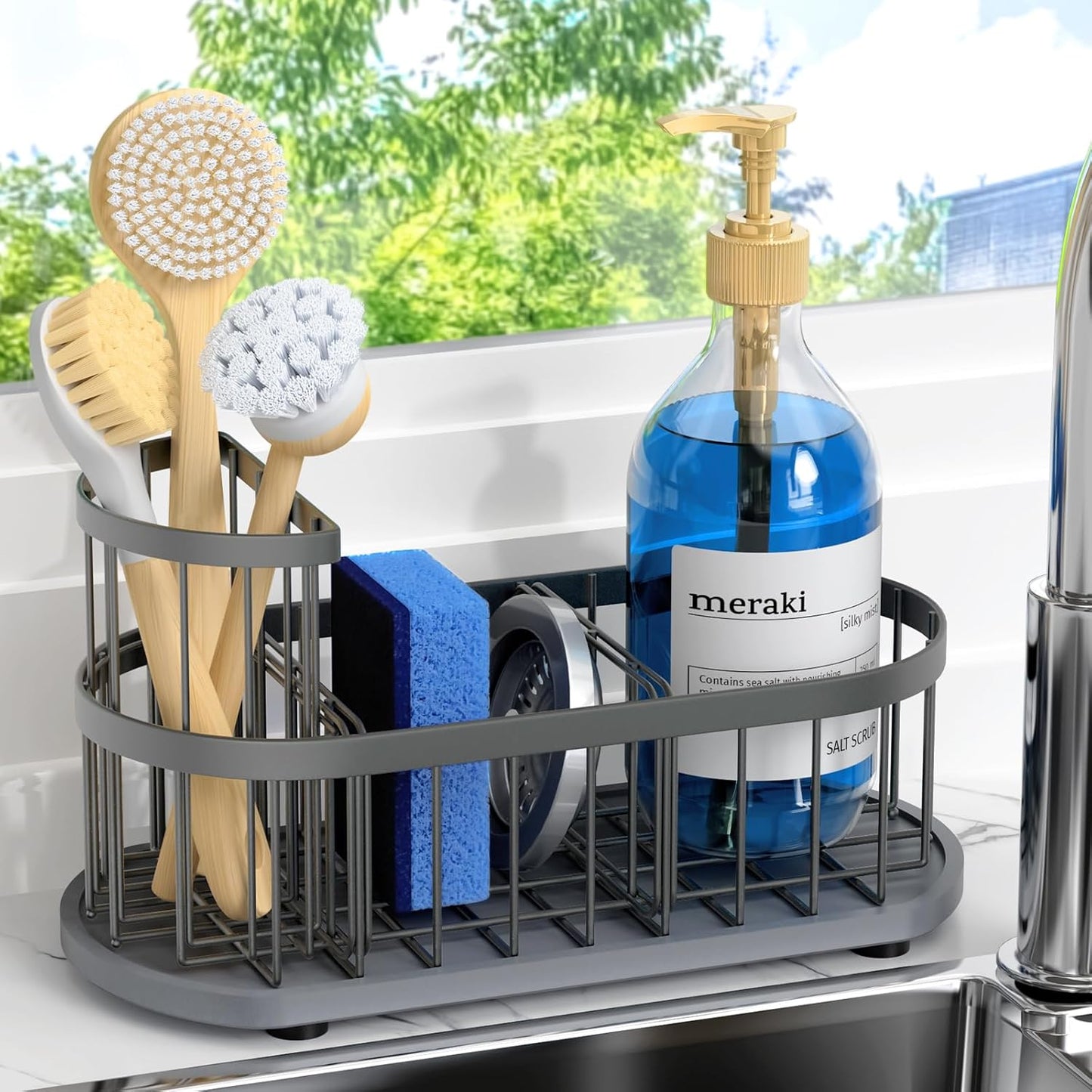 Sponge Holder for Kitchen Sink with High Brush Holder, [Stay-Dry Anywhere & No Drainage Needed] Rustproof Stainless Steel Kitchen Sink Caddy Organizer with Water Absorbing Stone Tray, Black