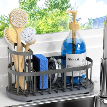 Sponge Holder for Kitchen Sink with High Brush Holder, [Stay-Dry Anywhere & No Drainage Needed] Rustproof Stainless Steel Kitchen Sink Caddy Organizer with Water Absorbing Stone Tray, Black