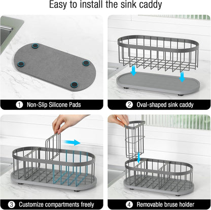 Sponge Holder for Kitchen Sink with High Brush Holder, [Stay-Dry Anywhere & No Drainage Needed] Rustproof Stainless Steel Kitchen Sink Caddy Organizer with Water Absorbing Stone Tray, Black