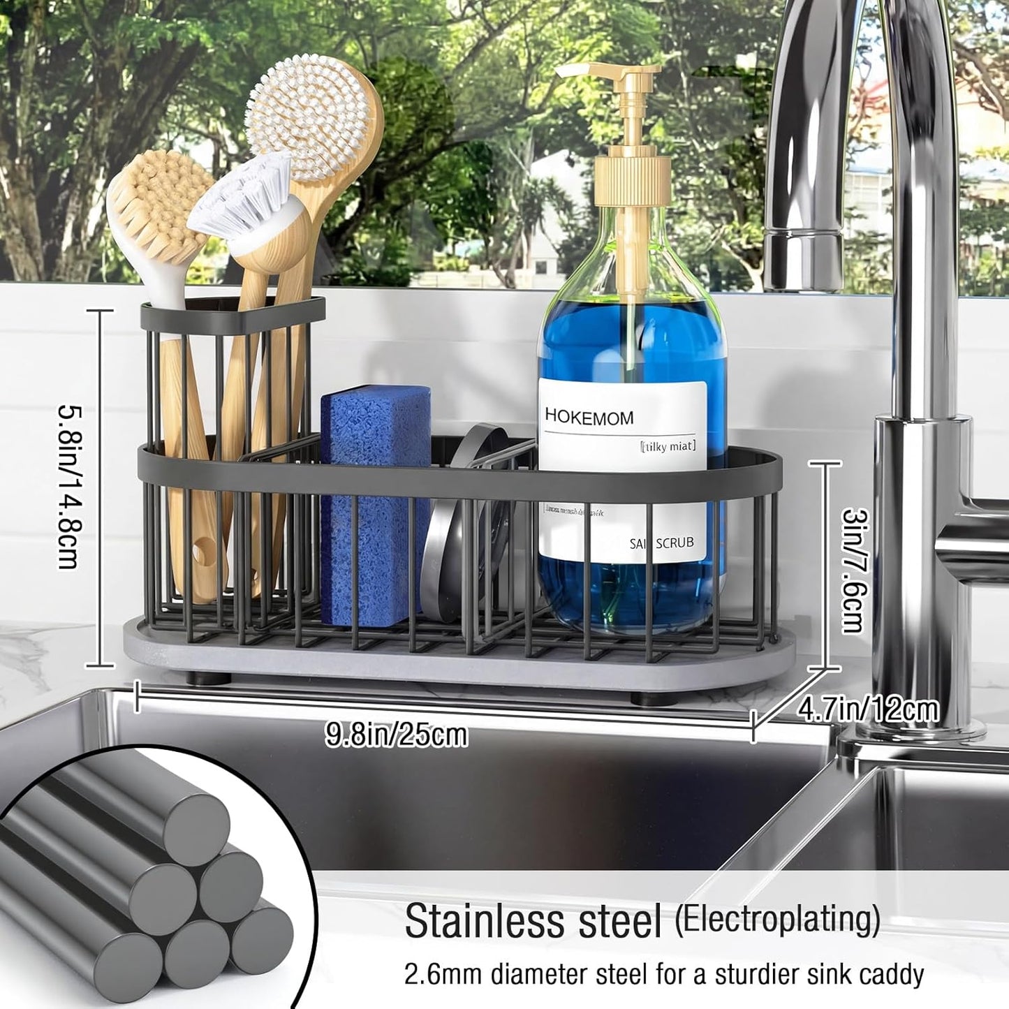 Sponge Holder for Kitchen Sink with High Brush Holder, [Stay-Dry Anywhere & No Drainage Needed] Rustproof Stainless Steel Kitchen Sink Caddy Organizer with Water Absorbing Stone Tray, Black