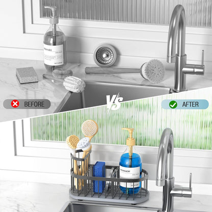 Sponge Holder for Kitchen Sink with High Brush Holder, [Stay-Dry Anywhere & No Drainage Needed] Rustproof Stainless Steel Kitchen Sink Caddy Organizer with Water Absorbing Stone Tray, Black