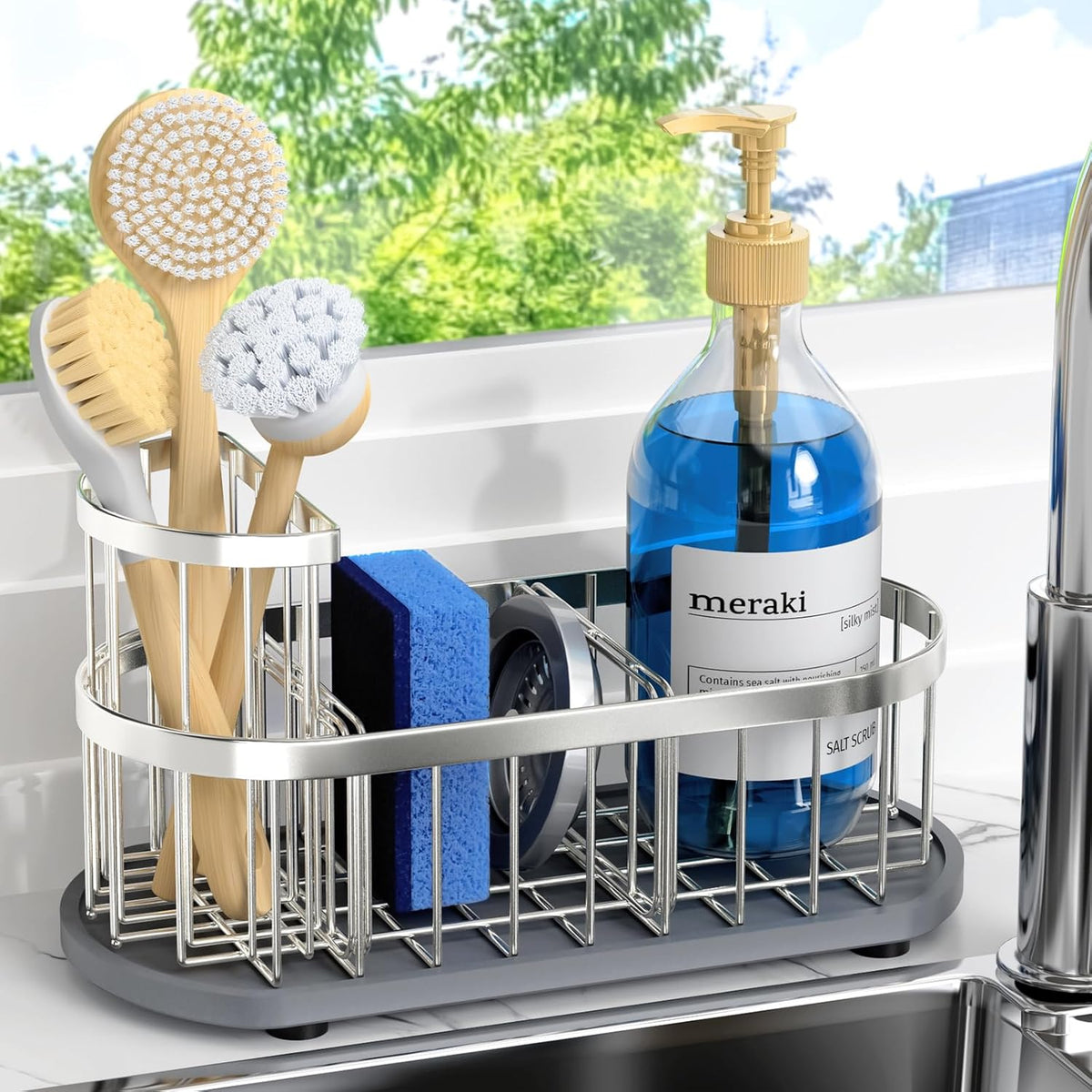 Sponge Holder for Kitchen Sink with High Brush Holder, [Stay-Dry Anywhere & No Drainage Needed] Rustproof Stainless Steel Kitchen Sink Caddy Organizer with Water Absorbing Stone Tray, Black