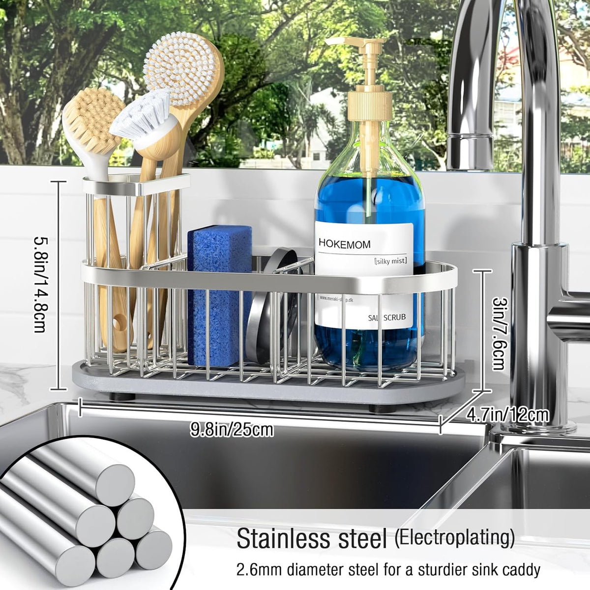 Sponge Holder for Kitchen Sink with High Brush Holder, [Stay-Dry Anywhere & No Drainage Needed] Rustproof Stainless Steel Kitchen Sink Caddy Organizer with Water Absorbing Stone Tray, Black