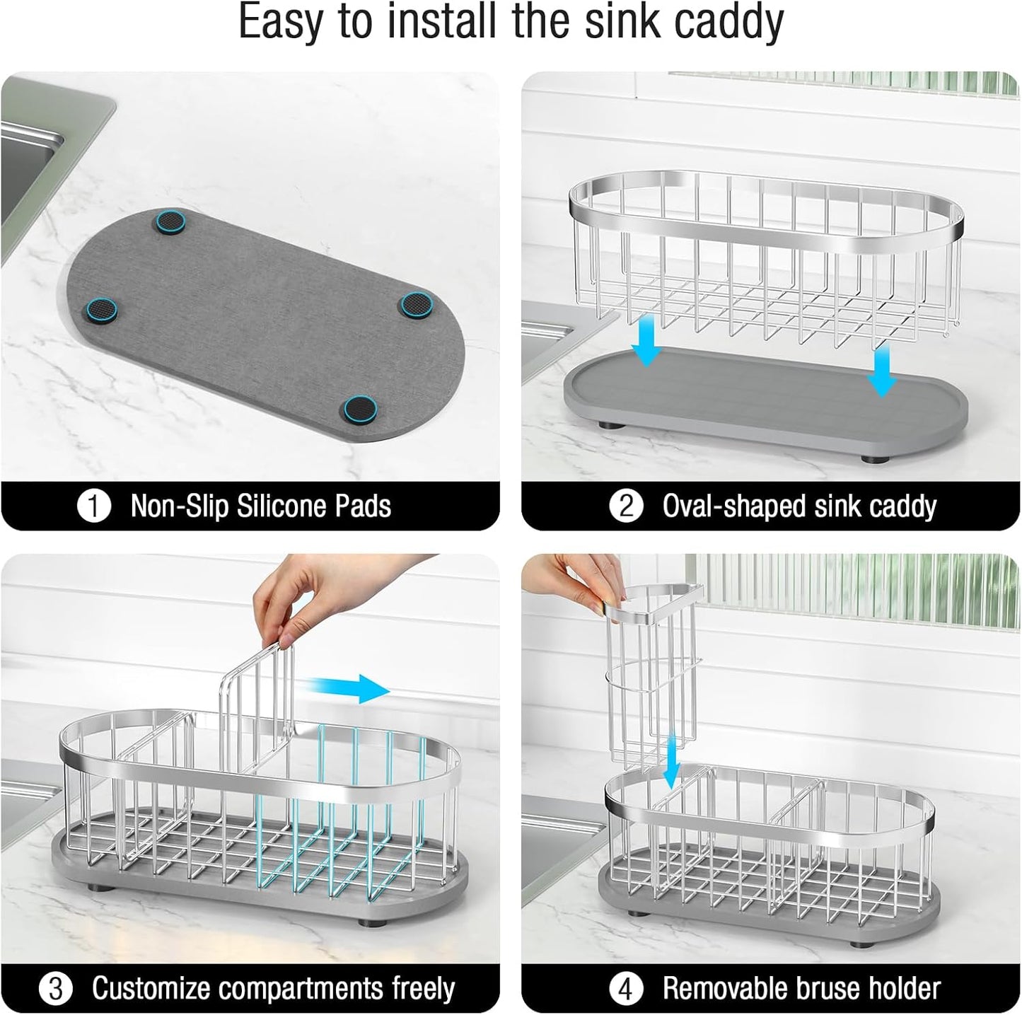 Sponge Holder for Kitchen Sink with High Brush Holder, [Stay-Dry Anywhere & No Drainage Needed] Rustproof Stainless Steel Kitchen Sink Caddy Organizer with Water Absorbing Stone Tray, Black