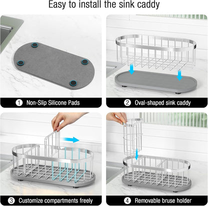 Sponge Holder for Kitchen Sink with High Brush Holder, [Stay-Dry Anywhere & No Drainage Needed] Rustproof Stainless Steel Kitchen Sink Caddy Organizer with Water Absorbing Stone Tray, Black
