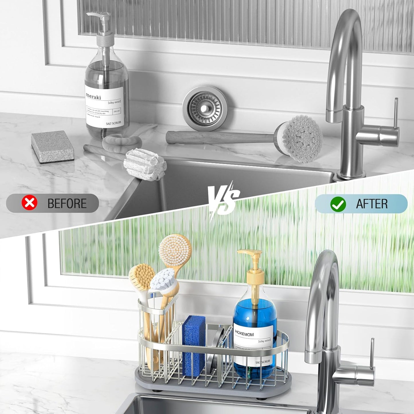 Sponge Holder for Kitchen Sink with High Brush Holder, [Stay-Dry Anywhere & No Drainage Needed] Rustproof Stainless Steel Kitchen Sink Caddy Organizer with Water Absorbing Stone Tray, Black