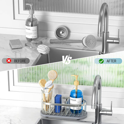 Sponge Holder for Kitchen Sink with High Brush Holder, [Stay-Dry Anywhere & No Drainage Needed] Rustproof Stainless Steel Kitchen Sink Caddy Organizer with Water Absorbing Stone Tray, Black