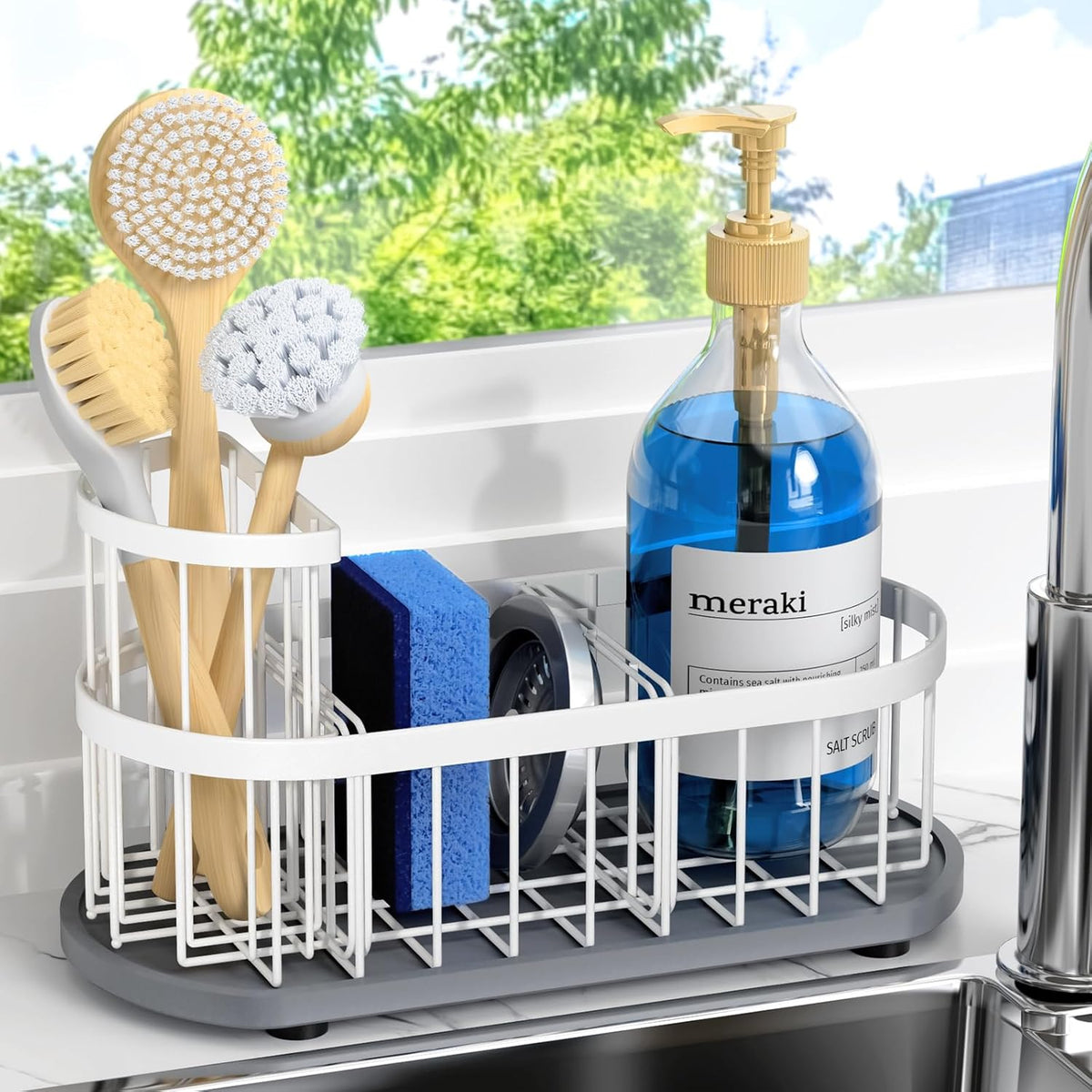Sponge Holder for Kitchen Sink with High Brush Holder, [Stay-Dry Anywhere & No Drainage Needed] Rustproof Stainless Steel Kitchen Sink Caddy Organizer with Water Absorbing Stone Tray, Black