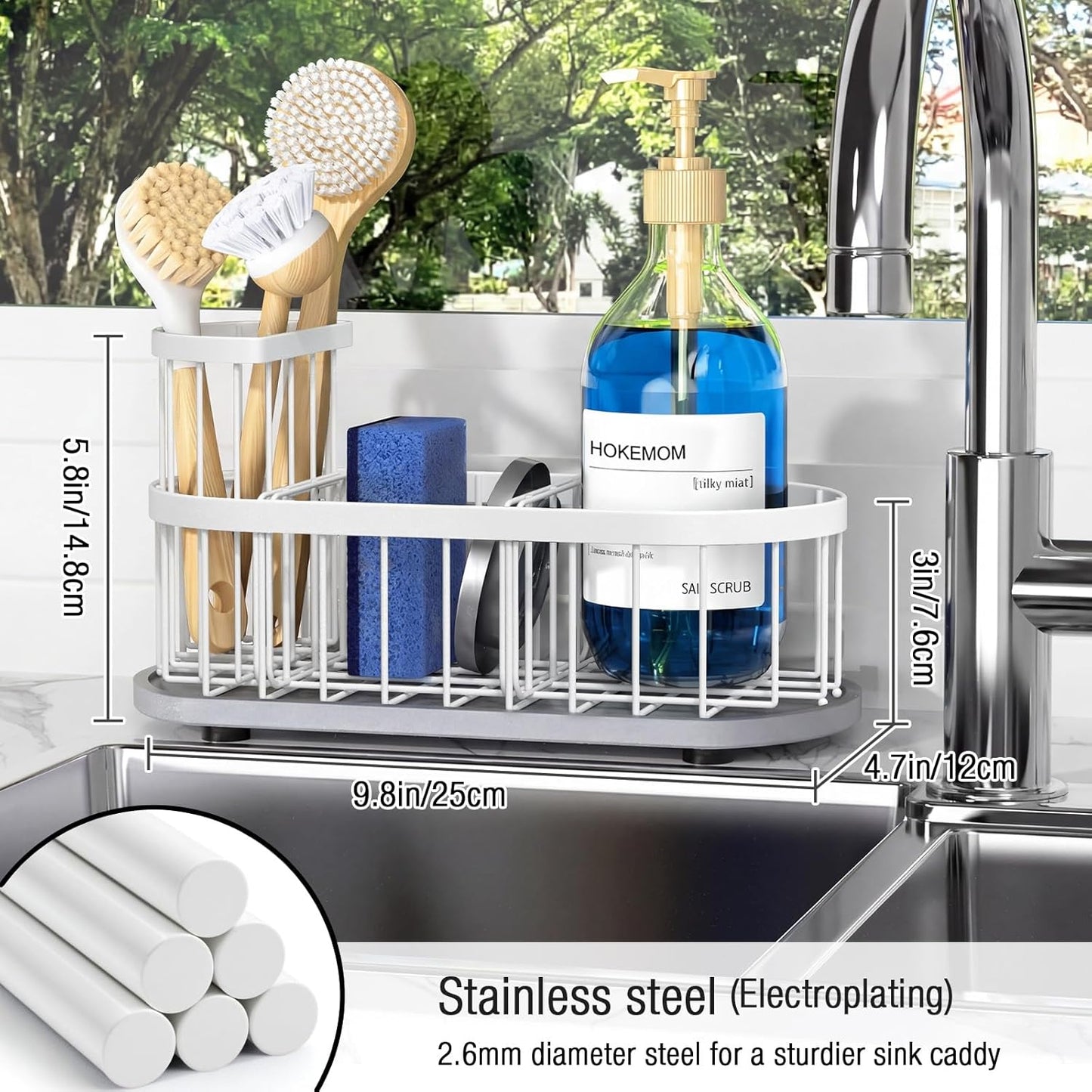 Sponge Holder for Kitchen Sink with High Brush Holder, [Stay-Dry Anywhere & No Drainage Needed] Rustproof Stainless Steel Kitchen Sink Caddy Organizer with Water Absorbing Stone Tray, Black