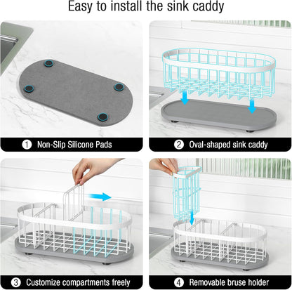 Sponge Holder for Kitchen Sink with High Brush Holder, [Stay-Dry Anywhere & No Drainage Needed] Rustproof Stainless Steel Kitchen Sink Caddy Organizer with Water Absorbing Stone Tray, Black