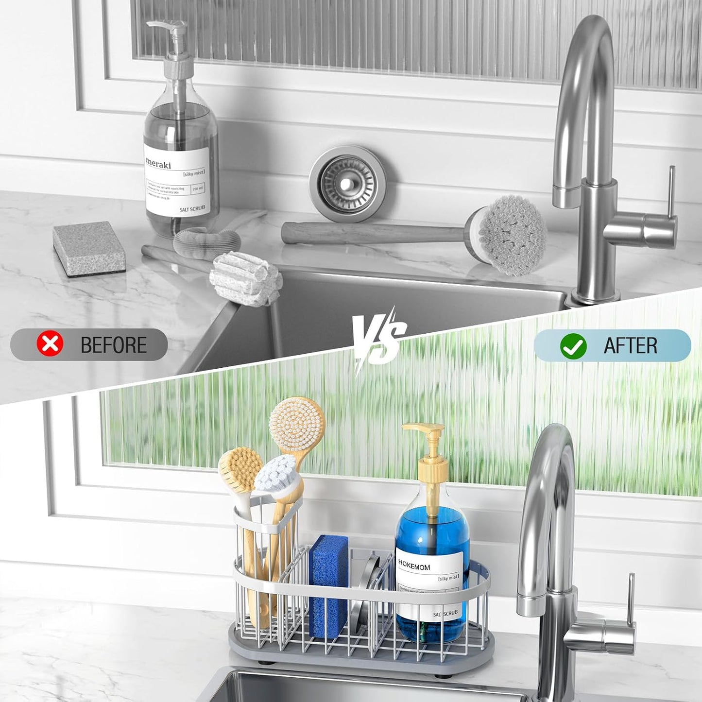 Sponge Holder for Kitchen Sink with High Brush Holder, [Stay-Dry Anywhere & No Drainage Needed] Rustproof Stainless Steel Kitchen Sink Caddy Organizer with Water Absorbing Stone Tray, Black