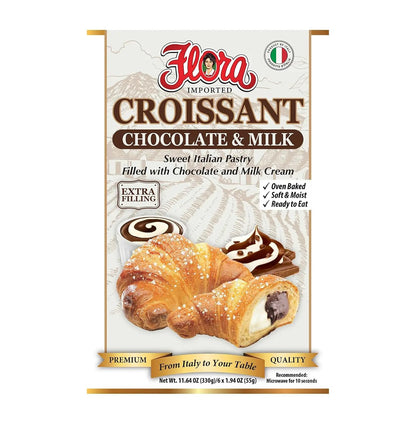 Flora Chocolate & Milk Croissants – Italian Pastry with Chocolate & Milk Cream Filling | Soft, Oven-Baked & Ready to Eat | Imported from Italy (Pack of 6)