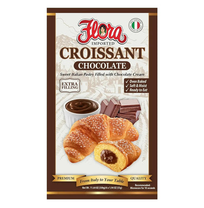 Flora Chocolate & Milk Croissants – Italian Pastry with Chocolate & Milk Cream Filling | Soft, Oven-Baked & Ready to Eat | Imported from Italy (Pack of 6)