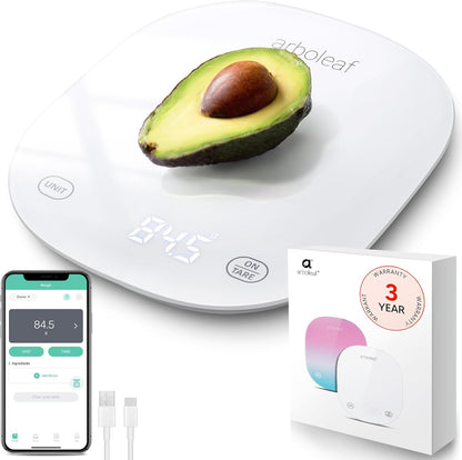 Smart Food Scale, Kitchen Scale with Nutritional Calculator | USB Rechargeable, food scales for kitchen with App for Macro, Keto, Calorie, Cooking, Grams and Ounces, 0.1oz/0.5g, White