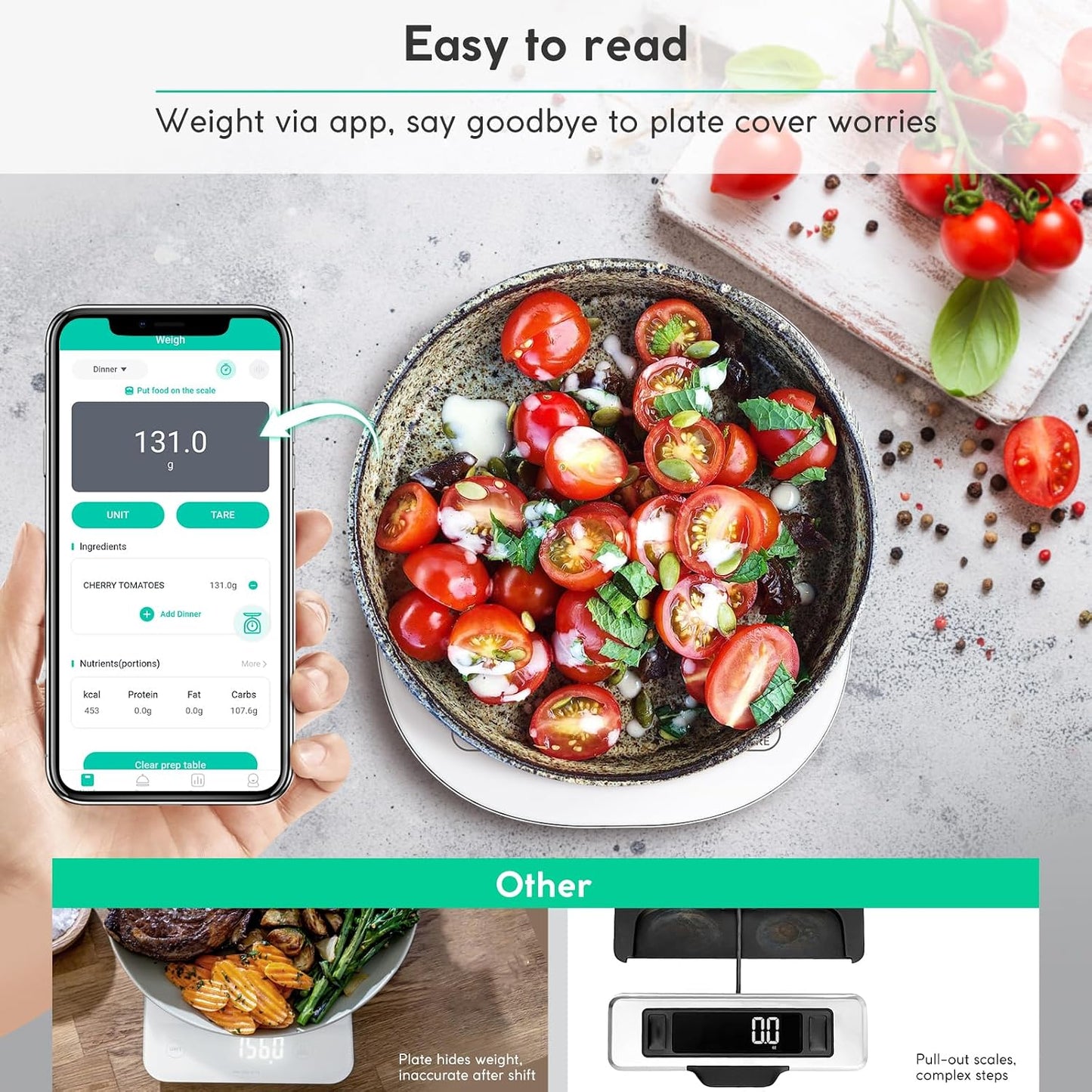 Smart Food Scale, Kitchen Scale with Nutritional Calculator | USB Rechargeable, food scales for kitchen with App for Macro, Keto, Calorie, Cooking, Grams and Ounces, 0.1oz/0.5g, White