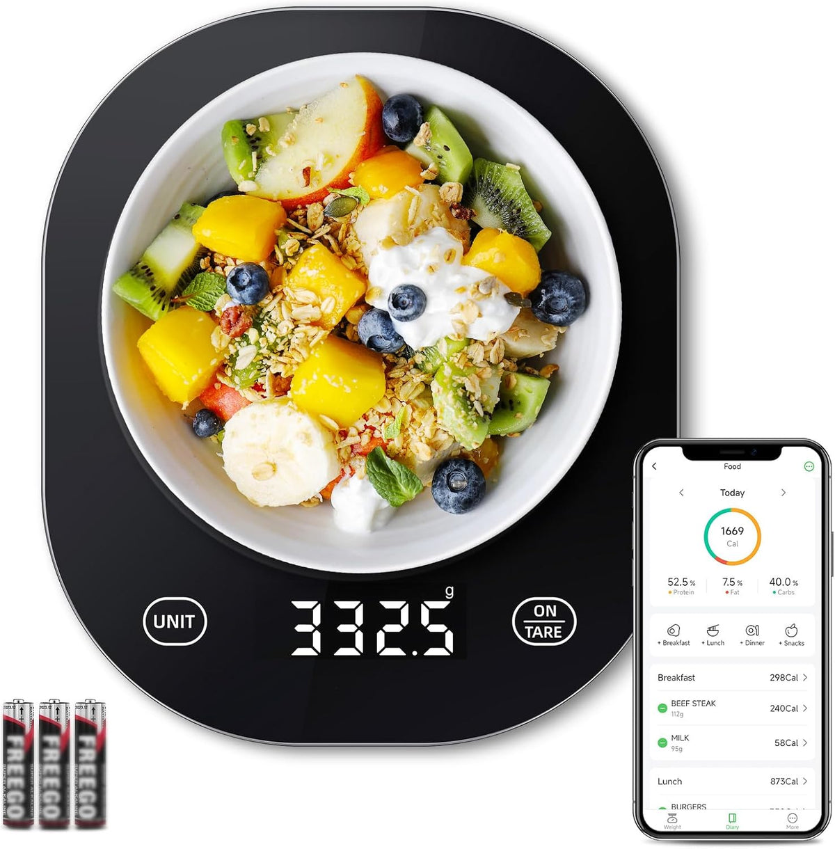 Smart Food Scale, Kitchen Scale with Nutritional Calculator | USB Rechargeable, food scales for kitchen with App for Macro, Keto, Calorie, Cooking, Grams and Ounces, 0.1oz/0.5g, White