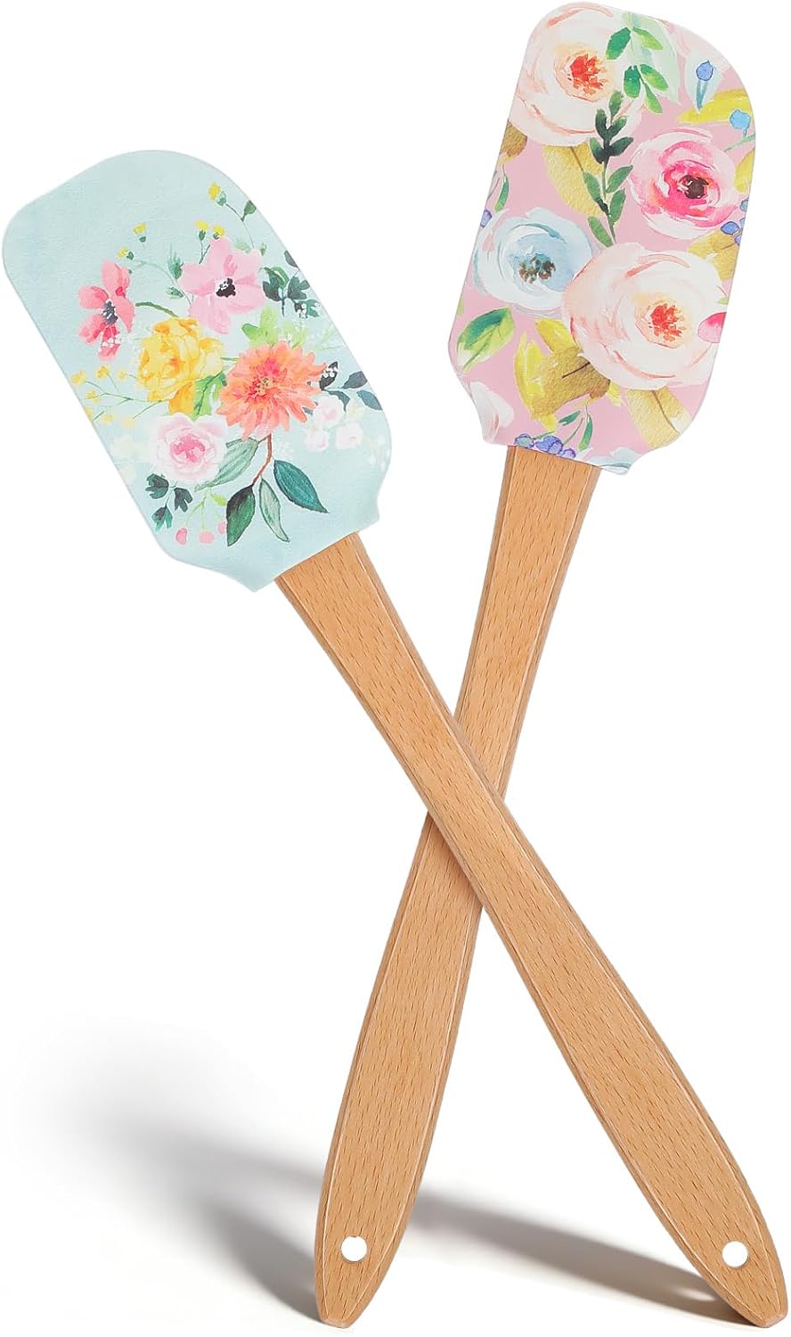 2Pcs Floral Silicone Spatula Set with Wooden Handle, Heat Resistant Rubber Scraper for Baking Cake Mixing, Non-Stick Kitchen Utensils for Cooking, Flower Pattern 11.8 Inch