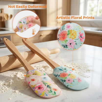 2Pcs Floral Silicone Spatula Set with Wooden Handle, Heat Resistant Rubber Scraper for Baking Cake Mixing, Non-Stick Kitchen Utensils for Cooking, Flower Pattern 11.8 Inch