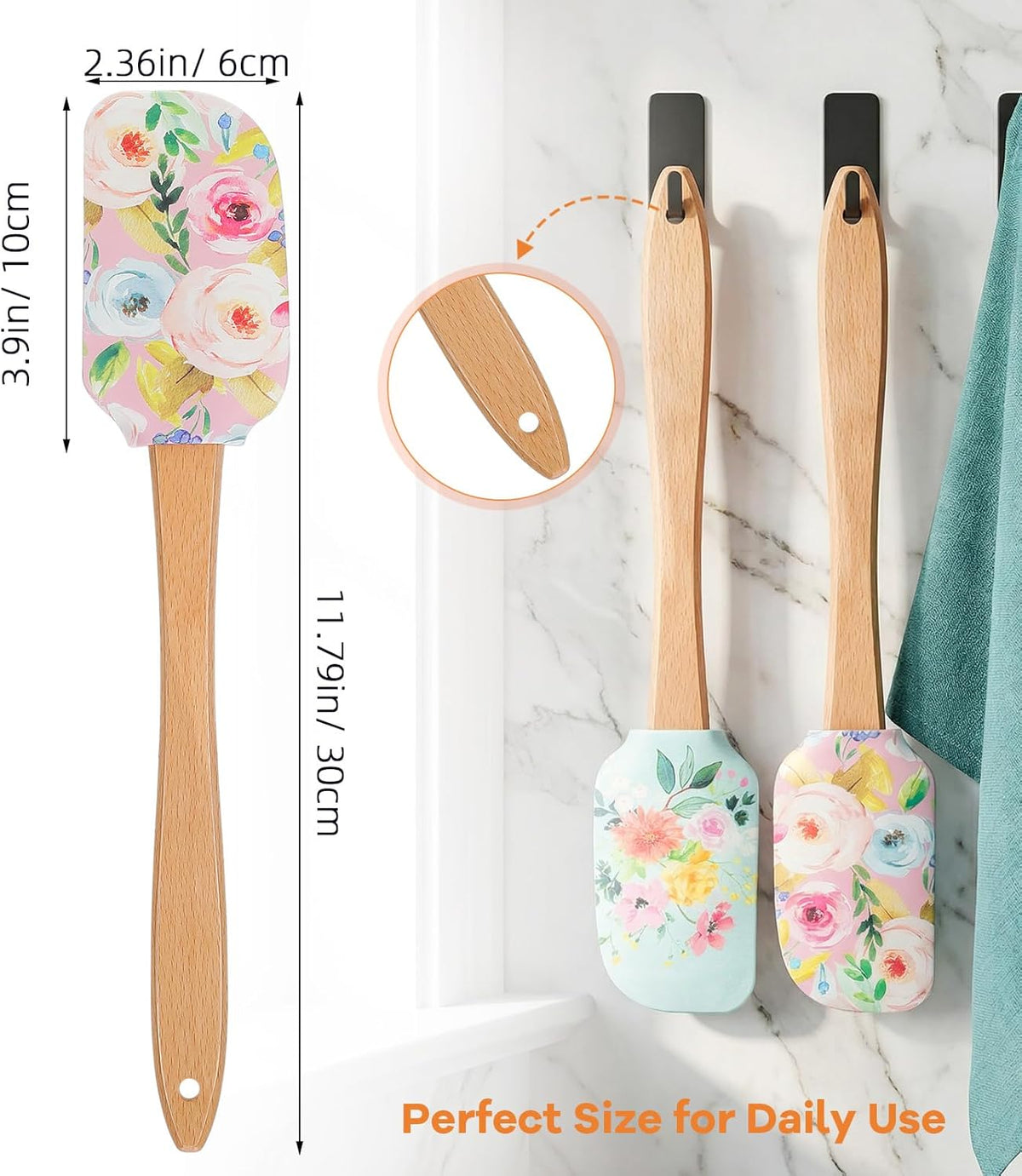 2Pcs Floral Silicone Spatula Set with Wooden Handle, Heat Resistant Rubber Scraper for Baking Cake Mixing, Non-Stick Kitchen Utensils for Cooking, Flower Pattern 11.8 Inch