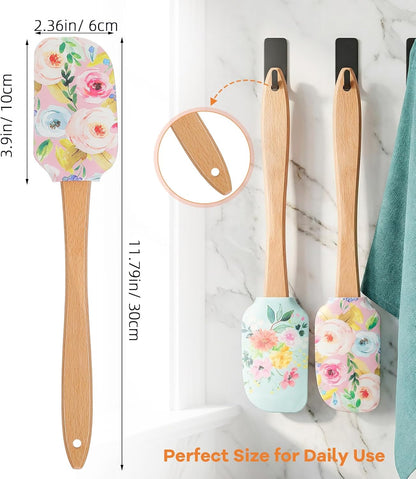 2Pcs Floral Silicone Spatula Set with Wooden Handle, Heat Resistant Rubber Scraper for Baking Cake Mixing, Non-Stick Kitchen Utensils for Cooking, Flower Pattern 11.8 Inch
