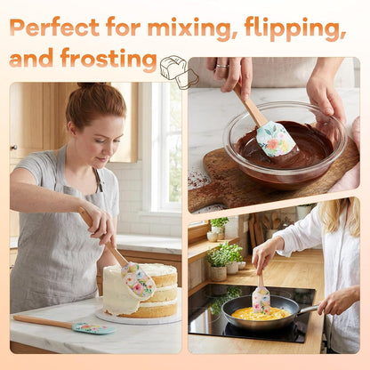 2Pcs Floral Silicone Spatula Set with Wooden Handle, Heat Resistant Rubber Scraper for Baking Cake Mixing, Non-Stick Kitchen Utensils for Cooking, Flower Pattern 11.8 Inch