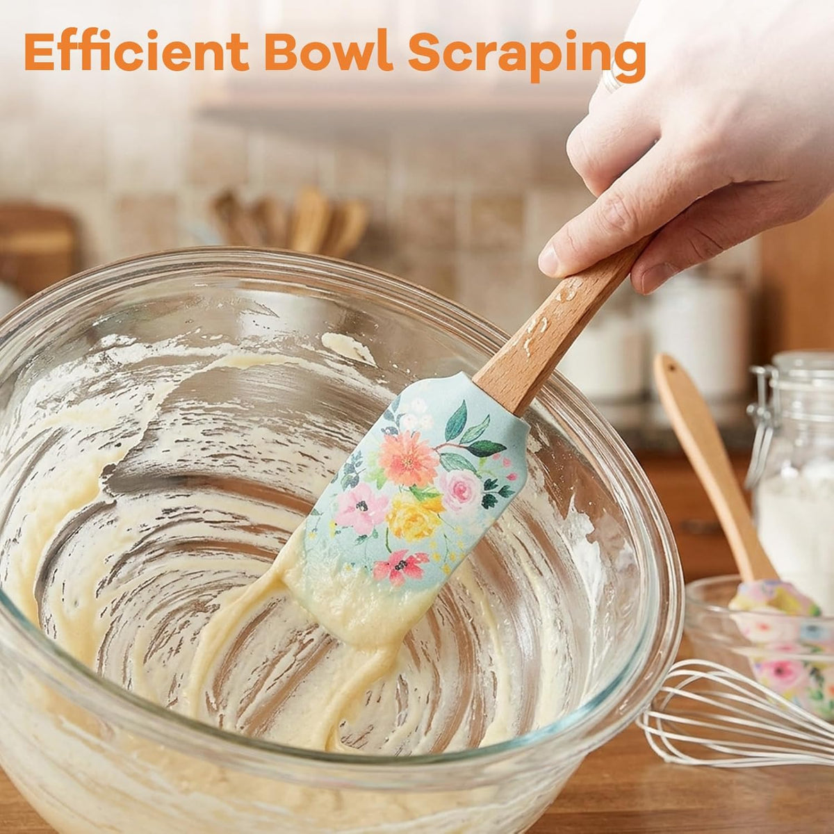 2Pcs Floral Silicone Spatula Set with Wooden Handle, Heat Resistant Rubber Scraper for Baking Cake Mixing, Non-Stick Kitchen Utensils for Cooking, Flower Pattern 11.8 Inch