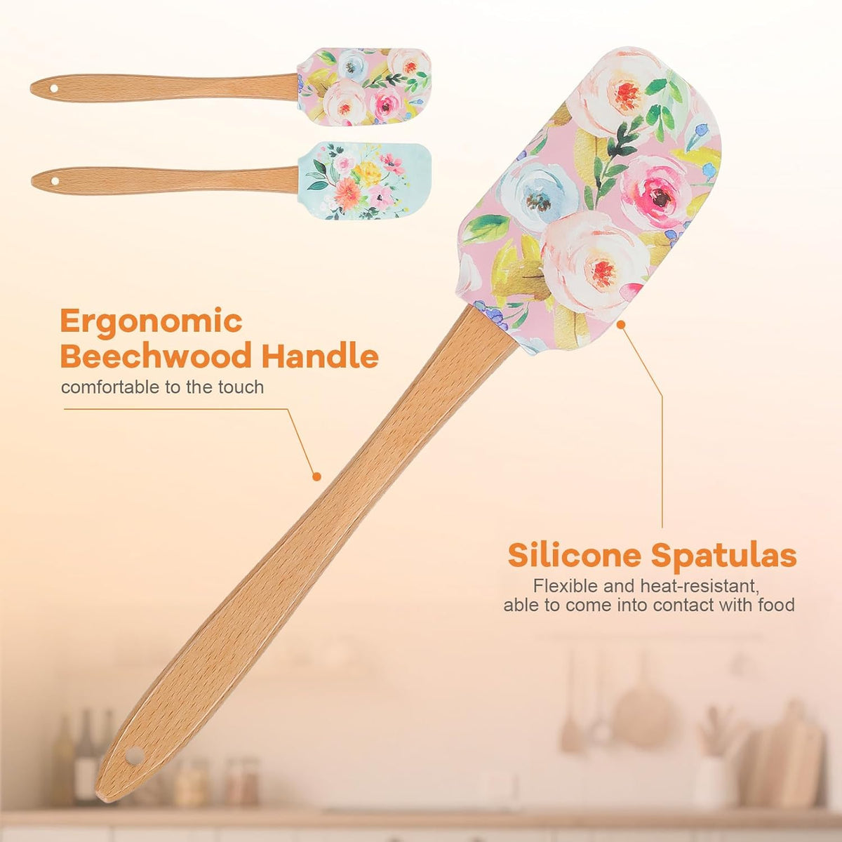 2Pcs Floral Silicone Spatula Set with Wooden Handle, Heat Resistant Rubber Scraper for Baking Cake Mixing, Non-Stick Kitchen Utensils for Cooking, Flower Pattern 11.8 Inch