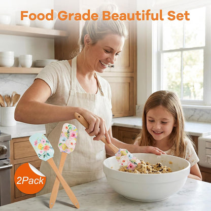 2Pcs Floral Silicone Spatula Set with Wooden Handle, Heat Resistant Rubber Scraper for Baking Cake Mixing, Non-Stick Kitchen Utensils for Cooking, Flower Pattern 11.8 Inch