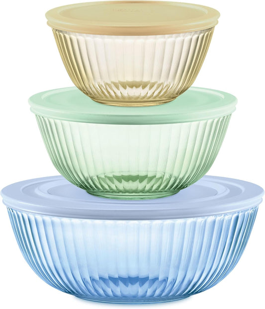Colors Tinted (3-Pack, Full Set) Sculpted Tinted Glass Mixing Bowls With Plastic Lids, Nesting Space Saving Set of Bowls For Prepping and Baking, 1.3QT, 2.3QT & 4.5QT
