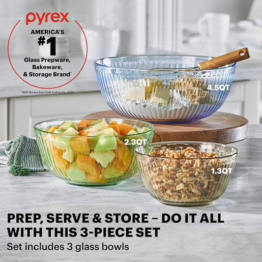 Colors Tinted (3-Pack, Full Set) Sculpted Tinted Glass Mixing Bowls With Plastic Lids, Nesting Space Saving Set of Bowls For Prepping and Baking, 1.3QT, 2.3QT & 4.5QT