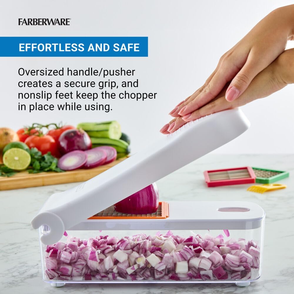 Professional Large Vegetable Chopper with 3 Interchangeable Blades - Manual Onion Chopper, Food Dicer for Potatoes, Tomatoes, Peppers, Garlic - Stainless Steel, Dishwasher Safe