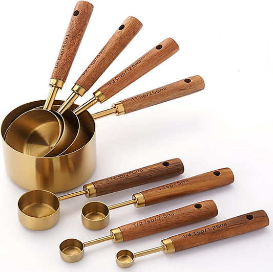 Measuring Cups and Spoons Set of 8, Stainless Steel Gold Measuring Cups Kit with Wooden Handle, Kitchen Cooking Baking Spoons Tool Set for Solid and Liquid Iingredients