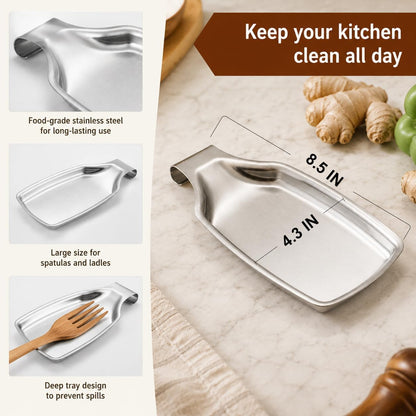 Spoon Rest for Stove Top, 2-Piece Stainless Steel Spoon Holder for Kitchen Counter, Spatula Ladle Utensils Rest, Heavy Duty & Large Size, Dishwasher Safe(8.5 x 4.3 Inch)