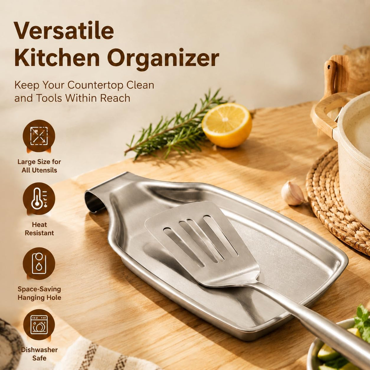 Spoon Rest for Stove Top, 2-Piece Stainless Steel Spoon Holder for Kitchen Counter, Spatula Ladle Utensils Rest, Heavy Duty & Large Size, Dishwasher Safe(8.5 x 4.3 Inch)