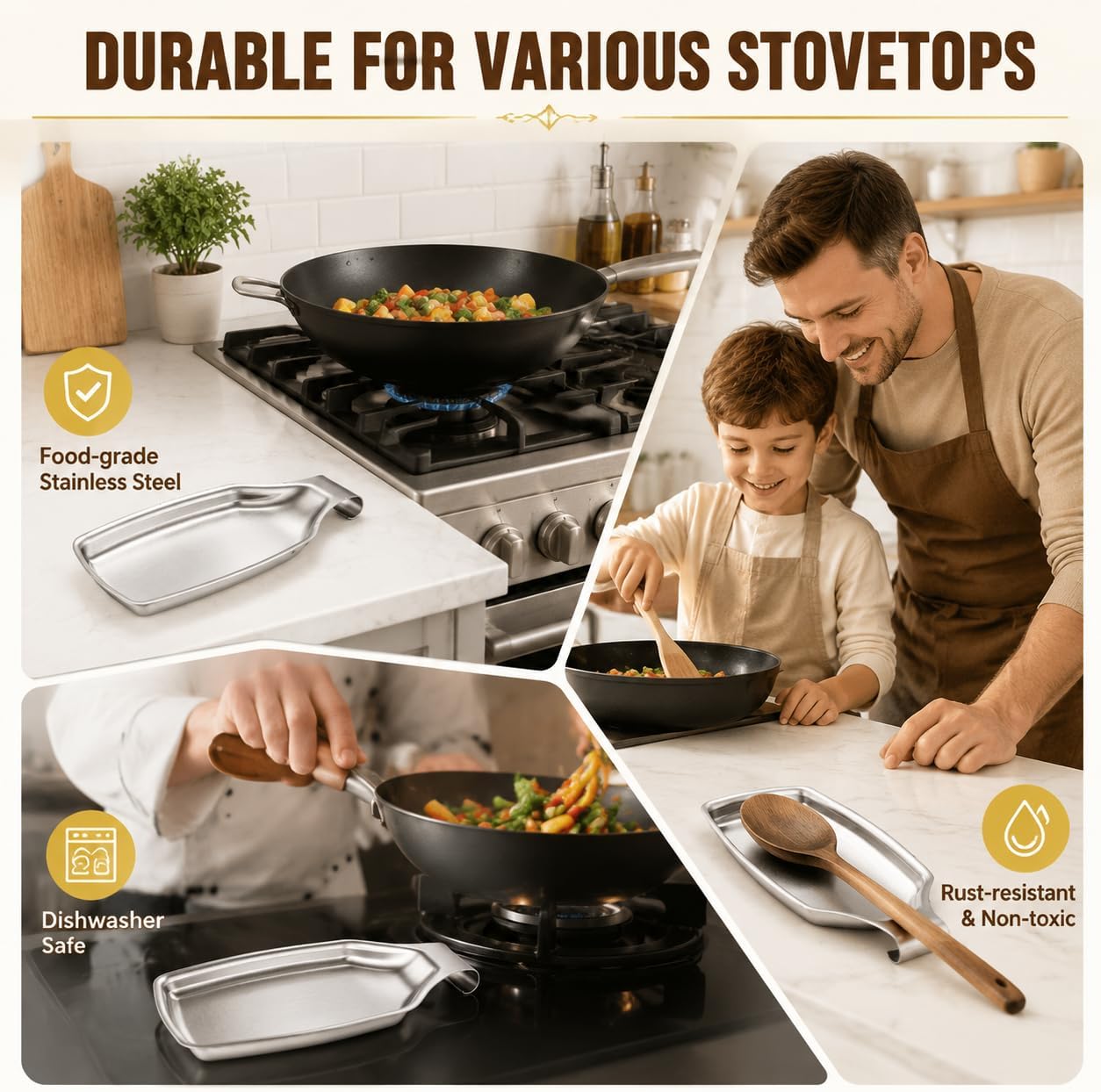 Spoon Rest for Stove Top, 2-Piece Stainless Steel Spoon Holder for Kitchen Counter, Spatula Ladle Utensils Rest, Heavy Duty & Large Size, Dishwasher Safe(8.5 x 4.3 Inch)