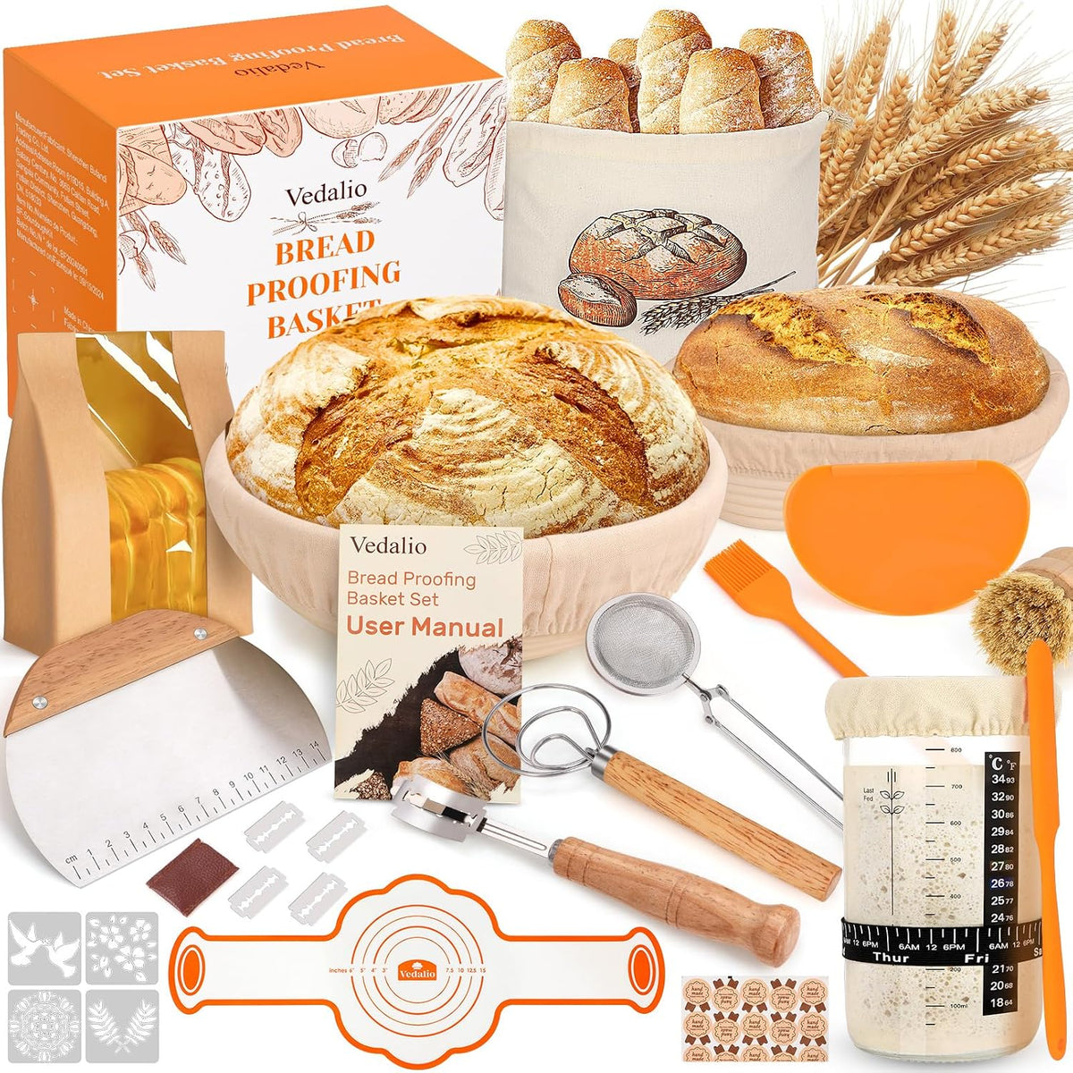 Sourdough Starter Kit with Bread Proofing Baskets, Jars, Baking Essentials