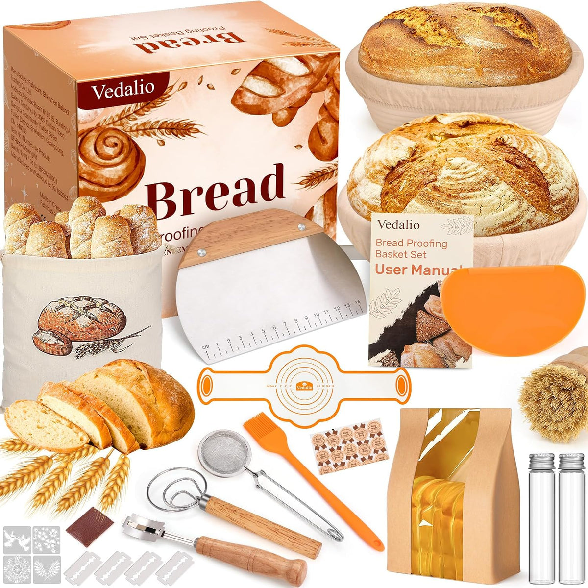 Sourdough Starter Kit with Bread Proofing Baskets, Jars, Baking Essentials
