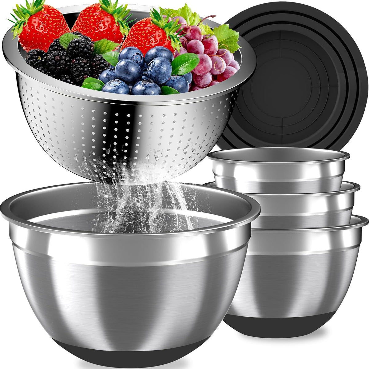 Nicdiet Mixing Bowls with Lids Set, 16PCS Stainless Steel Mixing Bowls,Nesting Storage Bowls for Kitchen with Mixing Bowl, Colander, Strainer & Grater, Metal Salad Bowl for Kitchen Gadgets, Black
