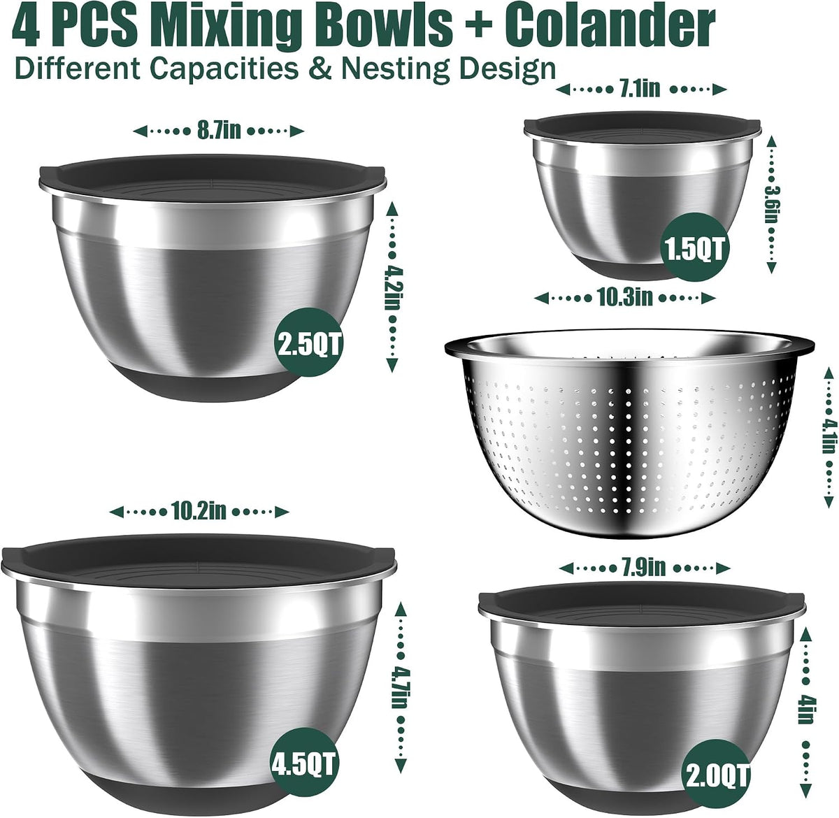 Nicdiet Mixing Bowls with Lids Set, 16PCS Stainless Steel Mixing Bowls,Nesting Storage Bowls for Kitchen with Mixing Bowl, Colander, Strainer & Grater, Metal Salad Bowl for Kitchen Gadgets, Black