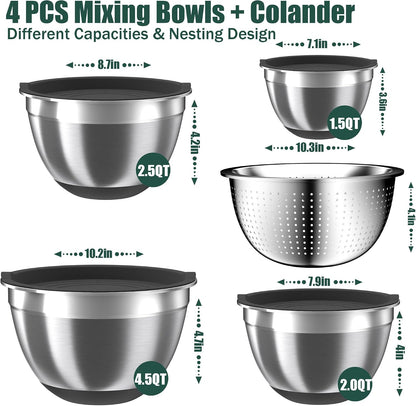 Nicdiet Mixing Bowls with Lids Set, 16PCS Stainless Steel Mixing Bowls,Nesting Storage Bowls for Kitchen with Mixing Bowl, Colander, Strainer & Grater, Metal Salad Bowl for Kitchen Gadgets, Black