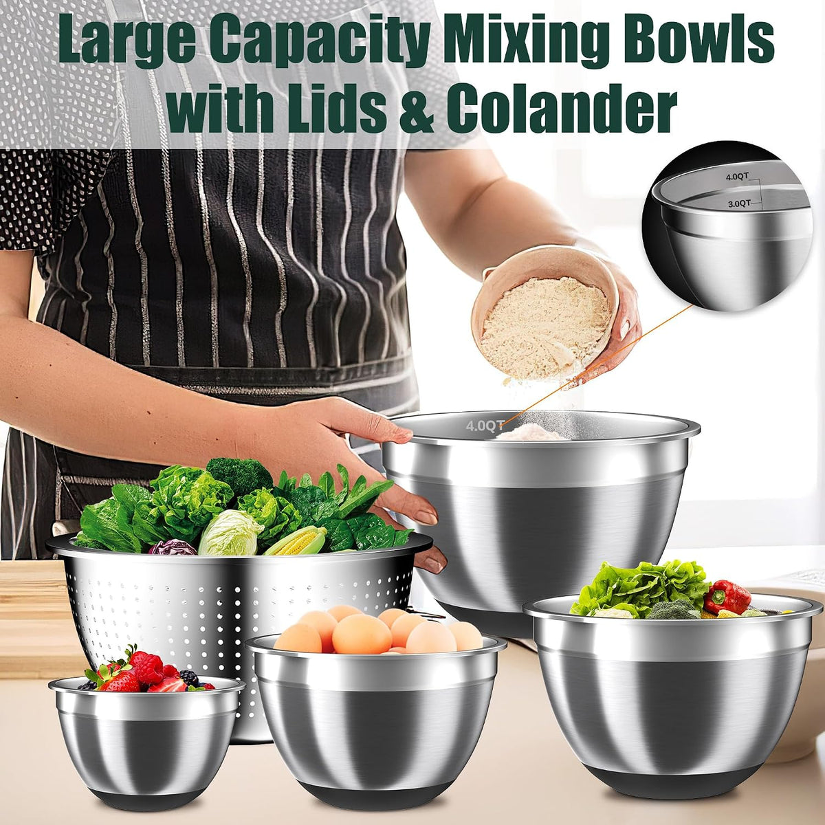 Nicdiet Mixing Bowls with Lids Set, 16PCS Stainless Steel Mixing Bowls,Nesting Storage Bowls for Kitchen with Mixing Bowl, Colander, Strainer & Grater, Metal Salad Bowl for Kitchen Gadgets, Black